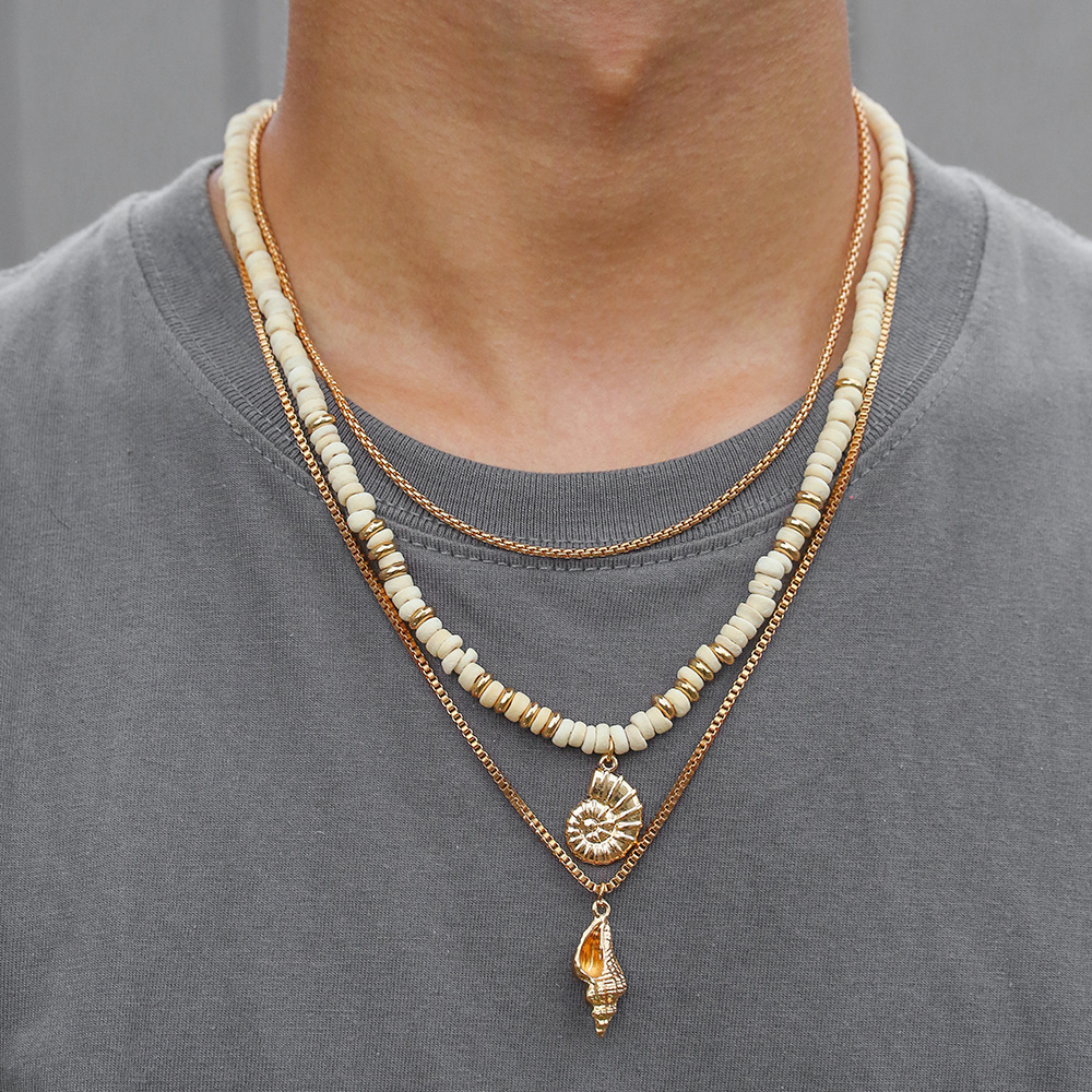Bohemian Multi-layer Necklace With Rice Beads And Conch Pendants_voghion.com