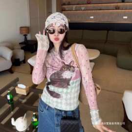 欧货2026春夏新款时尚手绘猫咪撞色薄款长袖网衫女洋气上衣打底衫