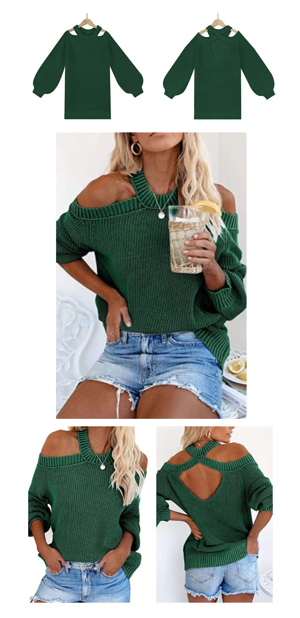 solid color long-sleeved off-the-shoulder commuter OL knitted sweater  NSWJY118383