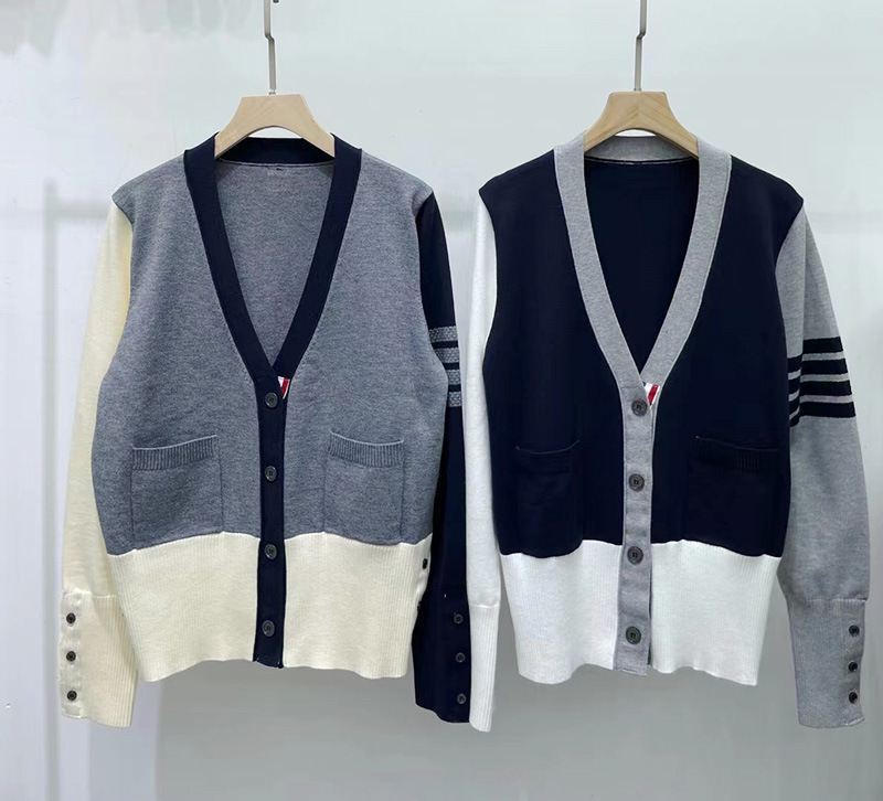 Autumn And Winter Style TBCollege Style V-neck Color Matching Classic Four-stripes Loose Casual Long-sleeved Knitted Women's Jackety