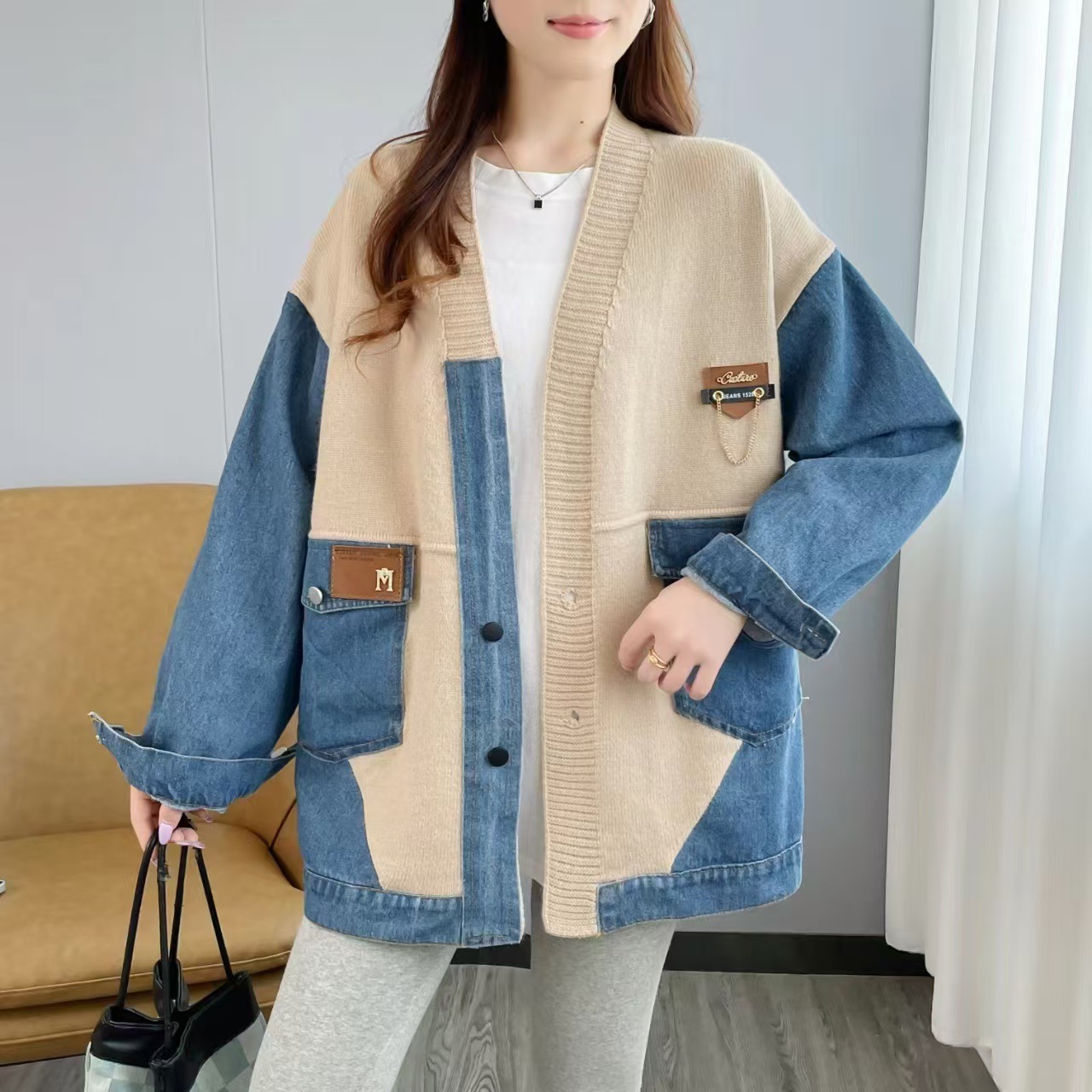 Damenbekleidung Denim-Spleiß-Strickjacke 2024 Herbst und Winter neue lockere Freizeitmode vielseitige Pulloverjacke im Lazy-Style für Damen_voghion.com