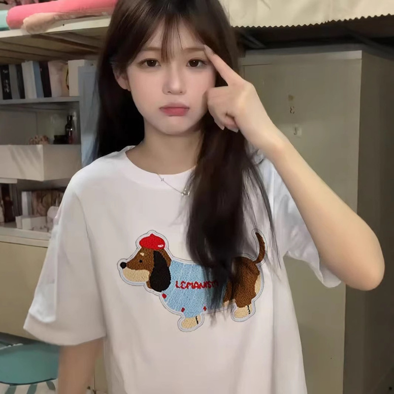 White Puppy Towel Embroidered 220g Short-Sleeved T-Shirt for Women 2025 Summer Lazy Style Loose White Round Neck Top Ins