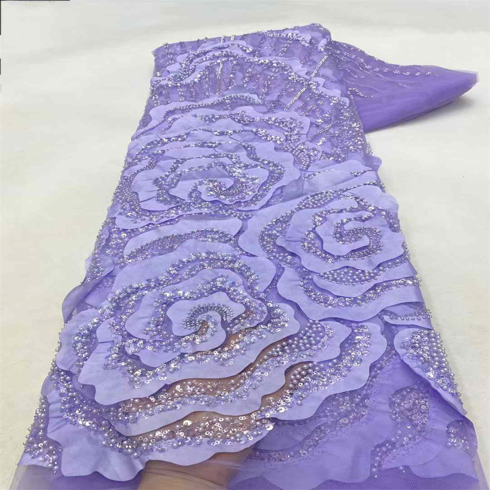 3D flor estereoscópica tubo de cuentas bordado tela hecha a mano clavado flor bordado sequilla encaje tela de vestido Tejido de encaje