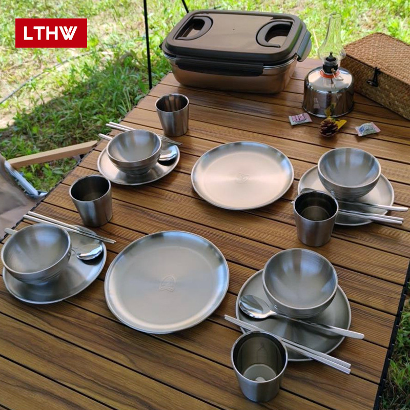 Lthw Lvteng Outdoor Tableware Portable Set Camping Style Supplies Equipment Picnic Bowl Plate Cup Chopsticks Spoon 304 Stainless Steel