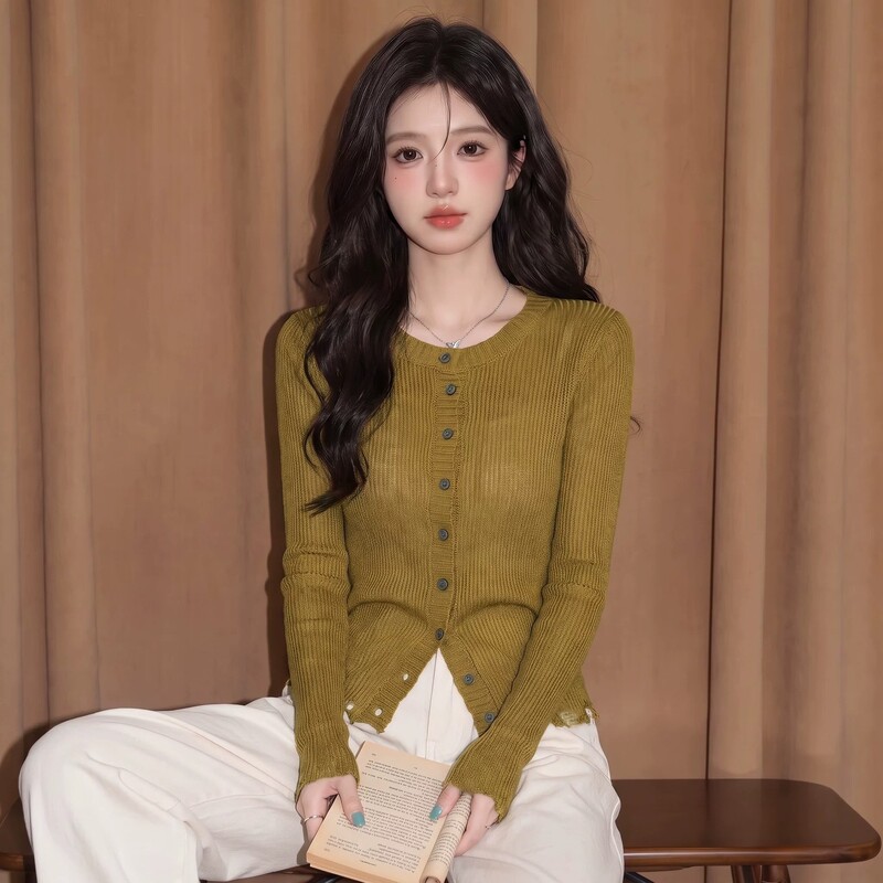 Mustard yellow knitted cardigan for women, unique and beautiful for early autumn, super stylish, single-breasted, short-length, long-sleeved top Mustard yellow knitted cardigan for women, unique and beautiful for early autumn, super stylish, single-breasted, short-length, long-sleeved top