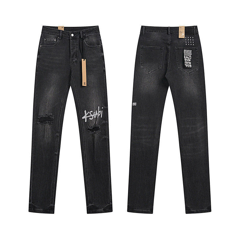 外贸高品质KSUBI &AMIRI Jeans牛仔裤高街破洞补丁弹力直筒长裤男|undefined