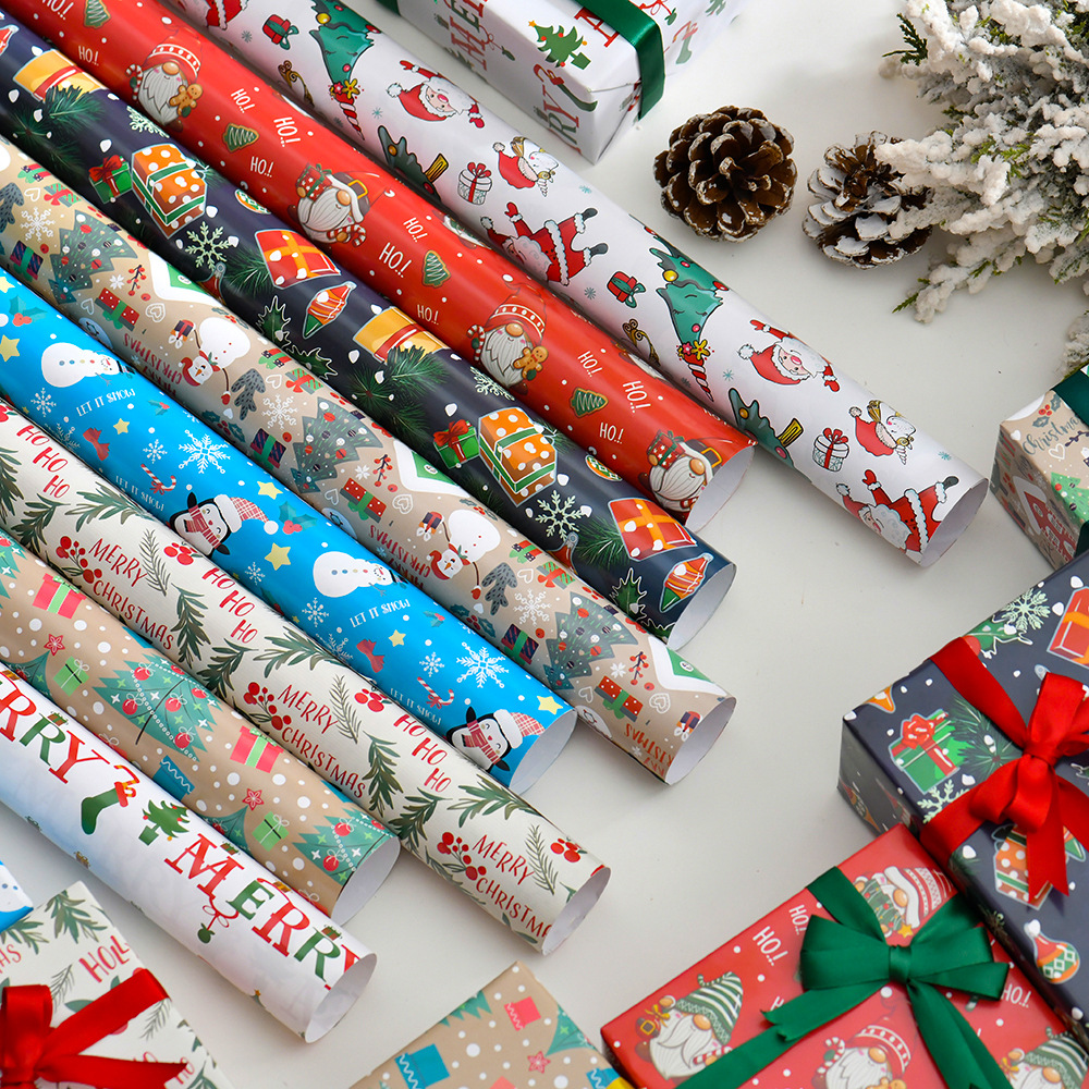 Nuevo papel recubierto brillante papel de regalo de navidad papel de regalo muñeco de nieve de dibujos animados árbol de navidad papel de regalo