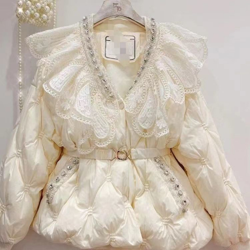 2024 winter new Korean version of sweet heavy industry rhinestone lace doll collar waist slimming warm down cotton-padded jacket coat 2024 winter new Korean version of sweet heavy industry rhinestone lace doll collar waist slimming warm down cotton-padded jacket coat