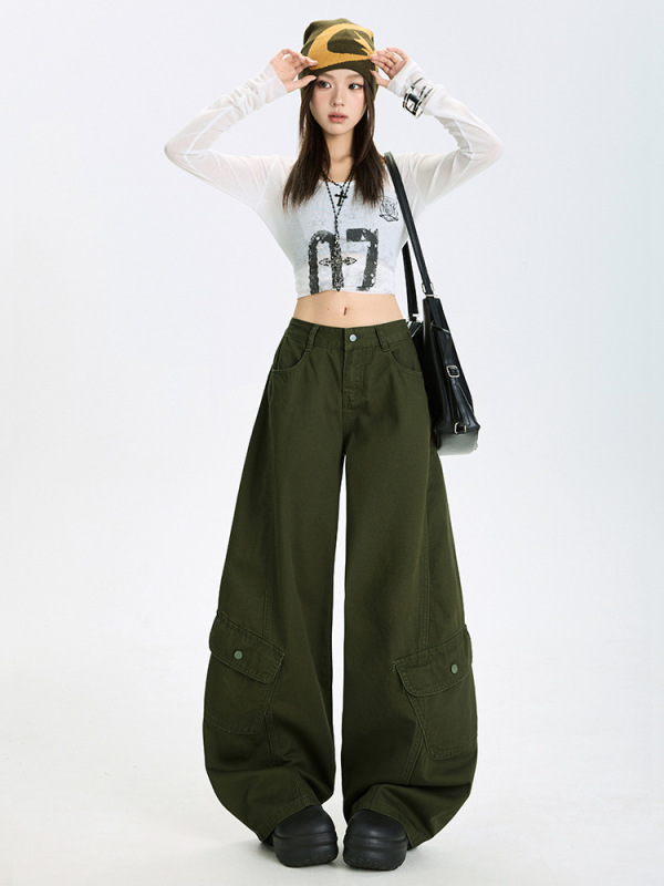 美式街头宽松阔腿裤女2025秋季慵懒风工装裤高腰休闲镰刀弯刀裤|undefined