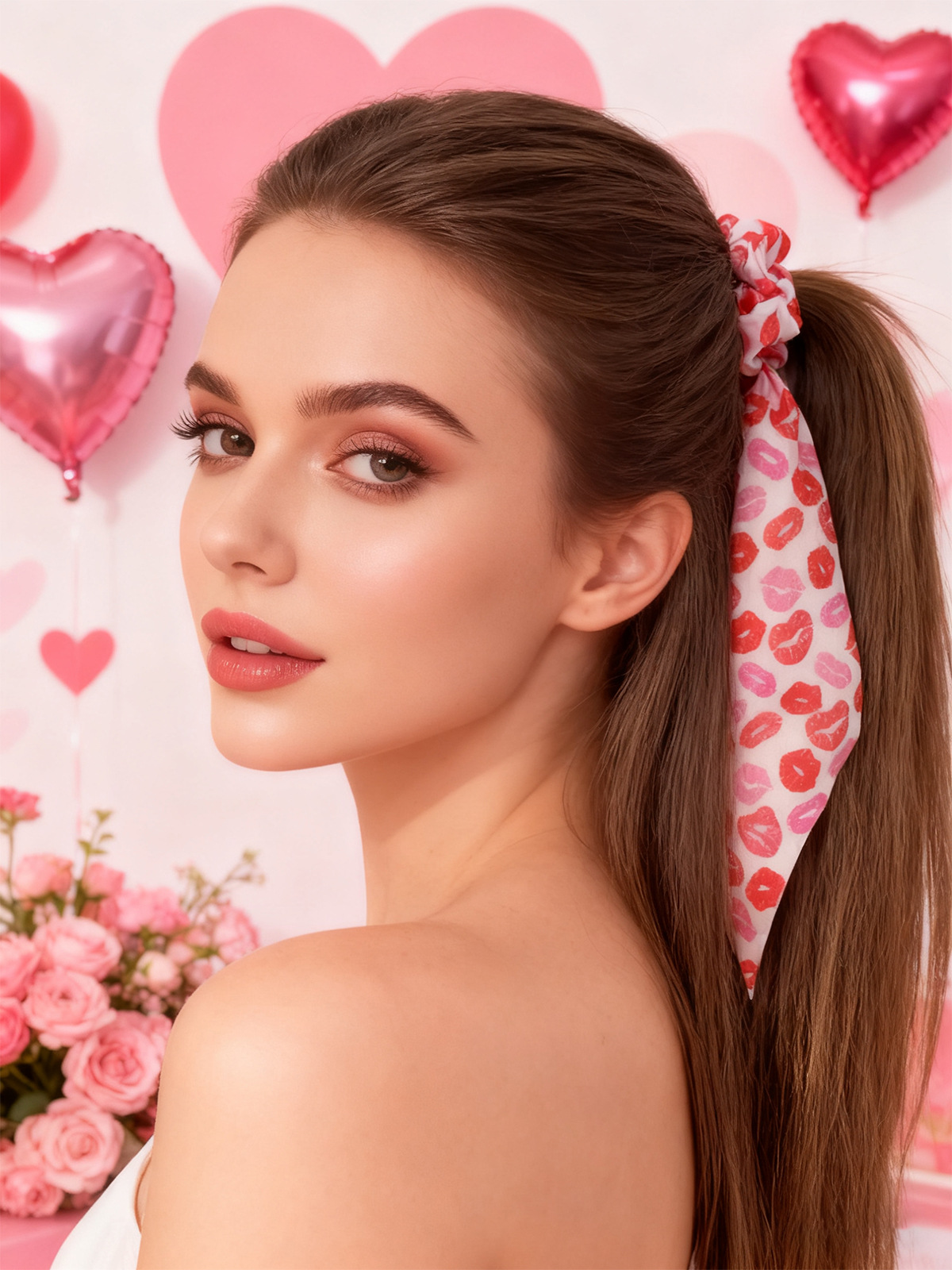 White, Pink, Red Color Valentine's Day Sweetheart Lip Print Elastic Hairband Ribbon Large Elastic Hairband For Ponytail Hair Accessories
