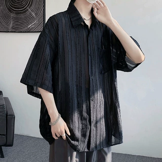夏季冰丝薄款衬衫男痞帅短袖高级感上衣禁欲系凉感棉麻设计感衬衣