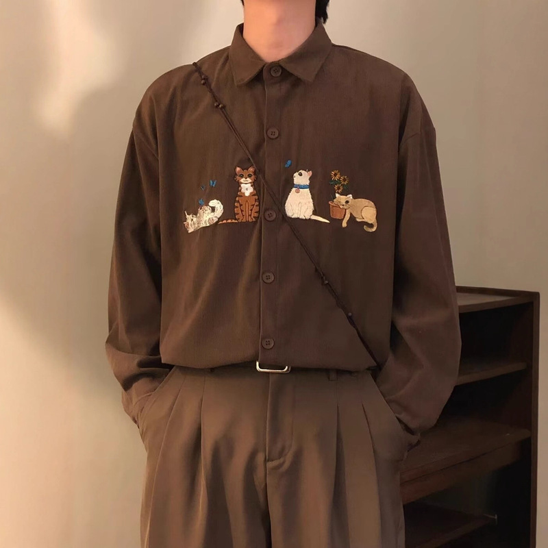 Vintage Corduroy Cat Cartoon Embroidery Long-Sleeve Shirt Autumn Unisex Japanese Hong Kong Style Artistic Casual Top