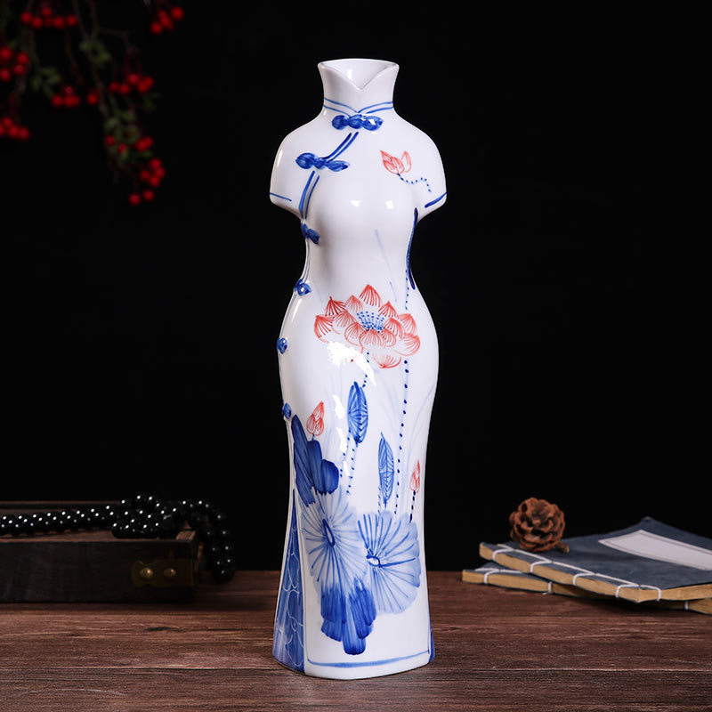 Porcelana Qinghua cheongsam personajes ornamentos Jingdezhen cerámica artesanía china ornamentos de sala de estar hechos a mano