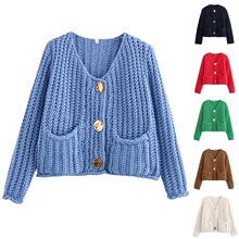 I 94951 Single Row Button Double Pocket Short Knit Sweater