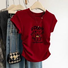 夏のデザイン感アメリカの赤い子犬の肩は半袖の女性のtシャツを修理します。