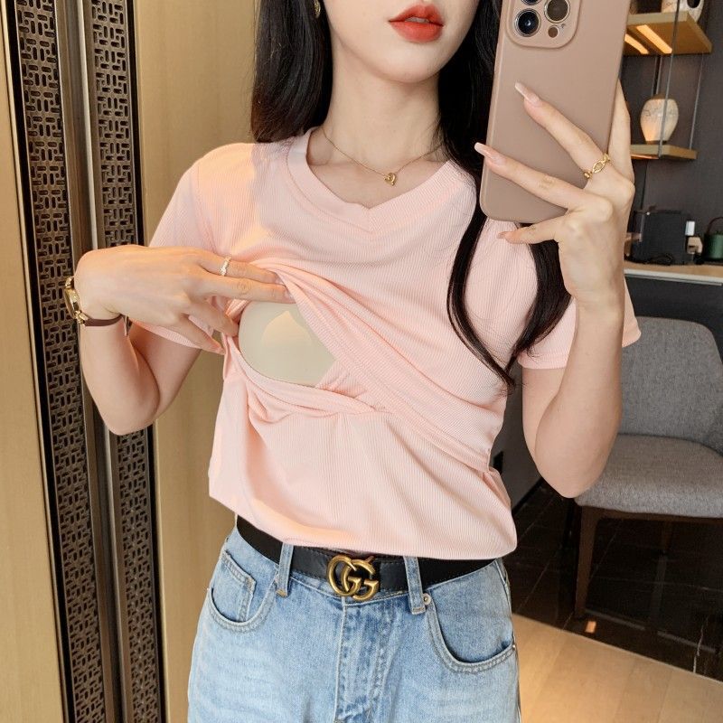 Amazon Cross-Border Breastfeeding Maternity Top Summer V-Neck Short-Sleeved Pure Color T-Shirt Postpartum Outing Breastfeeding Confinement Clothing