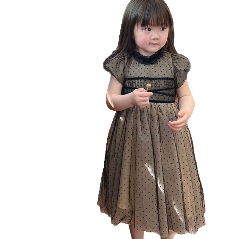 女の子ドレスサマードレス 2025 新しい子供スカート女の子黒水玉プリンセスドレスファッショナブルなメッシュスカートトレンディな|undefined