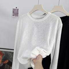 竹節綿の白い長袖のtシャツの女性の薄い春夏のシンプルな純色のゆったりした丸首の上着の組み合わせの底のシャツ