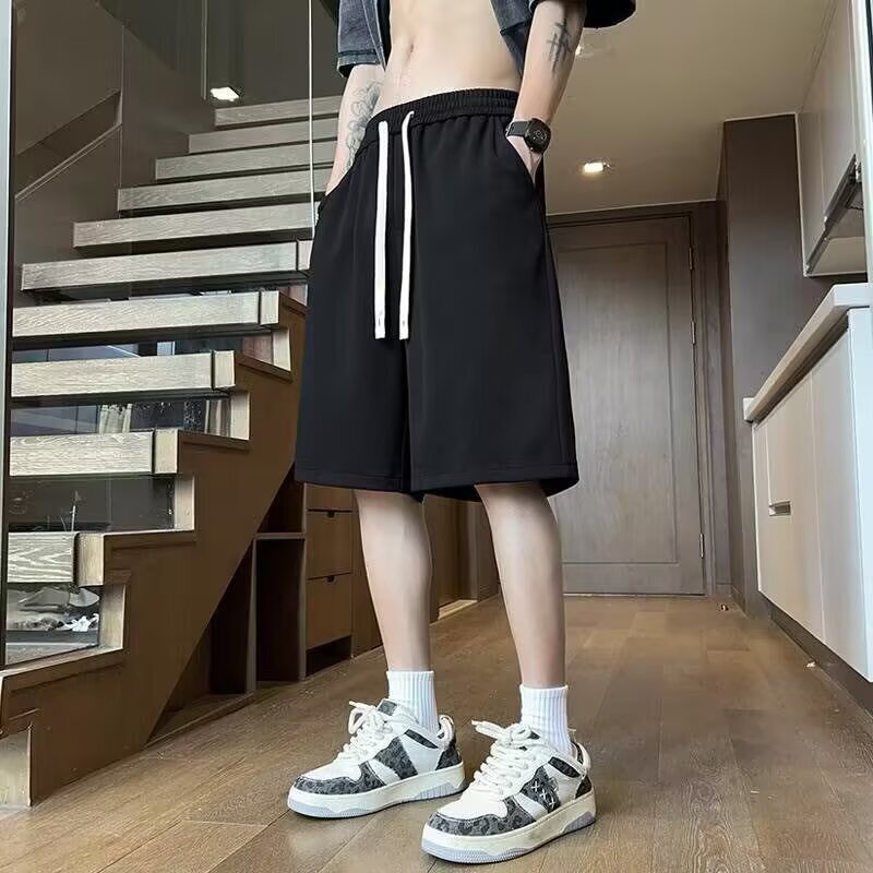 Korean Style Over-The-Knee Pants for Men, Summer Drawstring Black Pants, Loose Sports Pants, Large Size Fitness Straight Pants