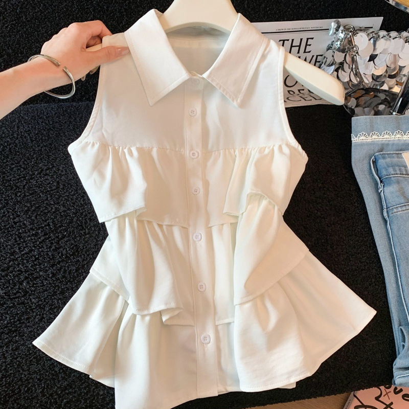 Real Shot of Multi-Layered Ruffled Sleeveless Shirt, New Summer Style Halter Neck Polo Collar, Unique and Beautiful Off-Shoulder Cardigan for Women Real Shot of Multi-Layered Ruffled Sleeveless Shirt, New Summer Style Halter Neck Polo Collar, Unique and Beautiful Off-Shoulder Cardigan for Women