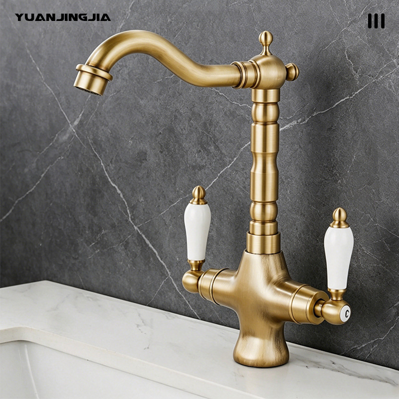 Cross-Border French Retro Copper Double Handle Faucet for Home Washbasin Hot and Cold Rotatable Faucet Gold