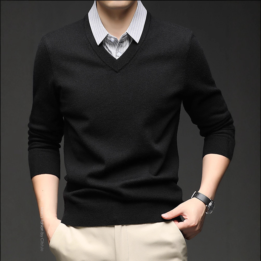 Suéter de punto casual de hombre delgado falso de dos piezas chaqueta nueva chaqueta gris de otoño y invierno simple camisa de punto con solapa