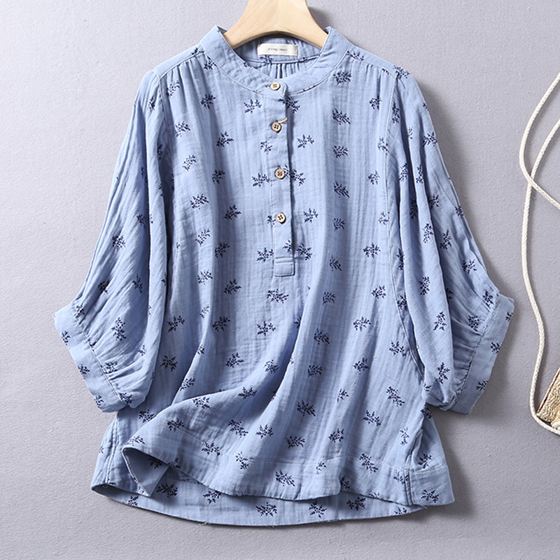 Summer New Short-sleeved Pullover Floral Double-layer Cotton Gauze Shirt Women's Loose Collar Printed Cotton Yarn Shirt Japanese and Korean Style