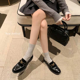 绝美不累脚英伦复古金属扣乐福鞋女真皮一脚蹬平底百搭小皮鞋黑色