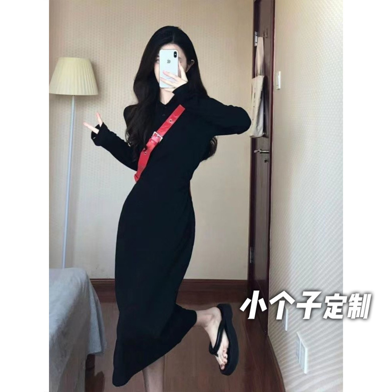 Knitted Hooded Spice Girl Long-sleeved dress Women's 150 Short Short Waisted Slim-fit Hip Mid-length Base Skirt