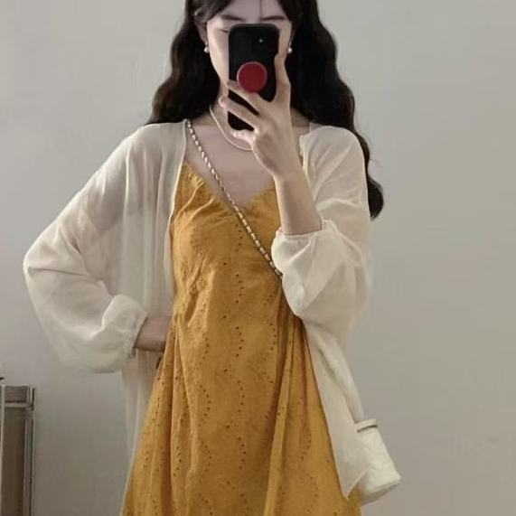 大码女装法式镂空连衣裙女夏季胖MM显瘦V领吊带裙子防晒开衫套装|undefined