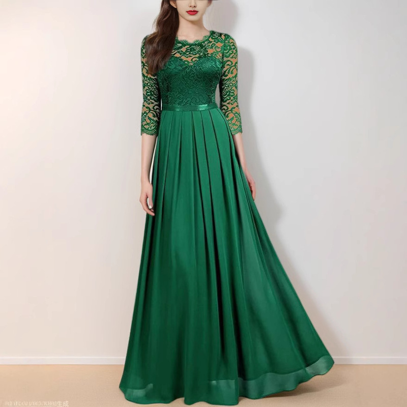 Spot Amazon Evening Dress European Station Stitching Chiffon Dress Round Neck Lace Long Dress Evening Dress Women's Dress Spot Amazon Evening Dress European Station Stitching Chiffon Dress Round Neck Lace Long Dress Evening Dress Women's Dress