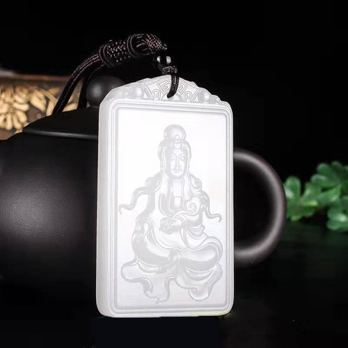 Finely crafted Afghan white jade computer-engraved jade plaque with red seal, large square pendant with pan head, Guanyin Buddha Dragon
