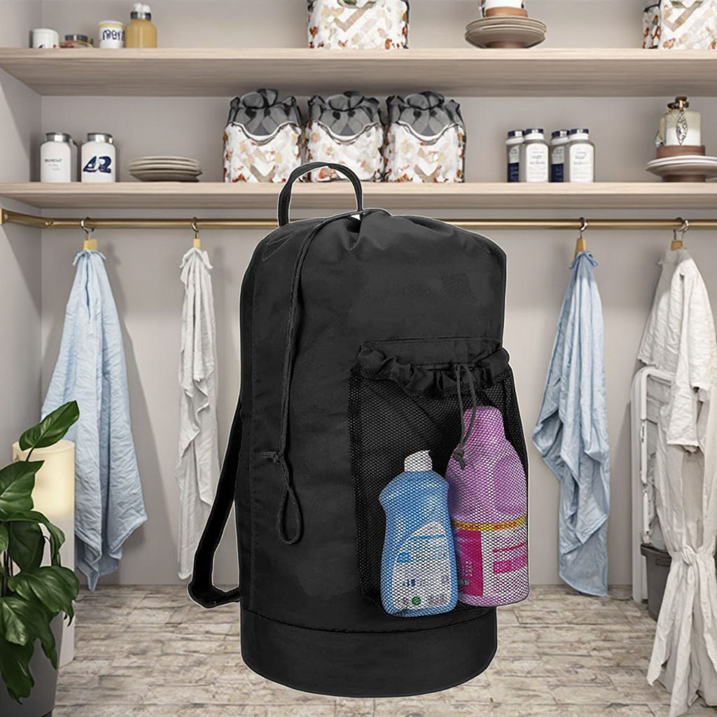 Mochila bolsa de lavandería mochila de lavandería correa de hombro y bolsillo de malla mochila de poliéster bolsa de ropa cesta con cuerda de extracción sellado