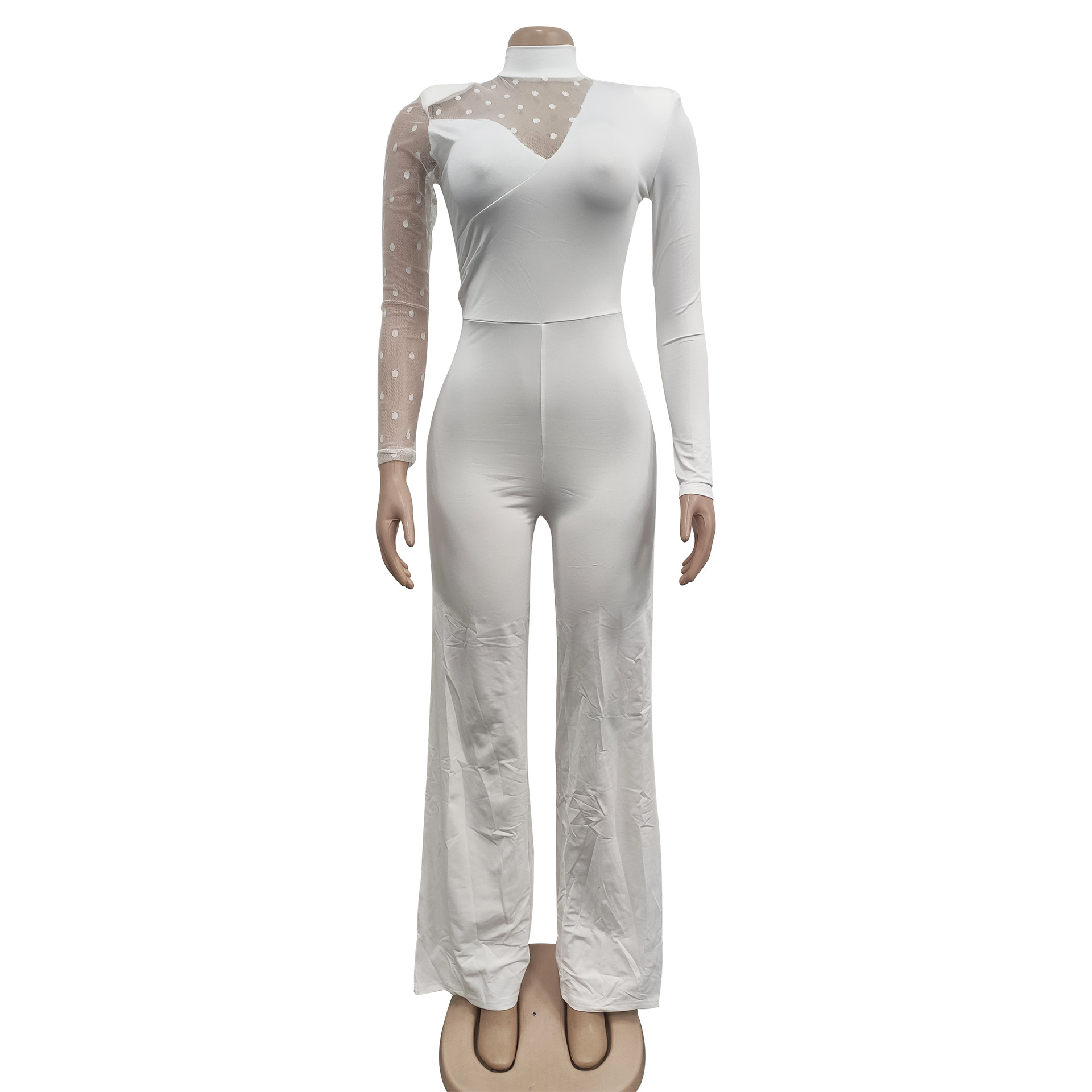 Women's Clothing fashion women's polka dot mesh see-through long-sleeved trousers solid color jumpsuit_voghion.com