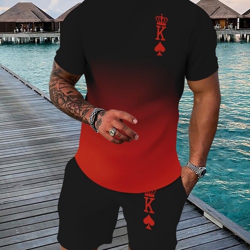 Plus-size 2025 Casual 3D Printed Multi-Color Gradient Short-Sleeve T-Shirt and Shorts Two-Piece Set
