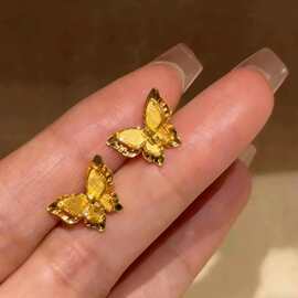 庄周蝶梦 金色耳钉女2026新款耳饰复古爆闪小众设计感立体跨境
