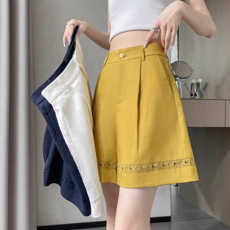Linen Suit Shorts for Women, Summer Thin Style, Versatile High-Waisted, Slimming, Loose A-Line Wide-Leg Five-Point Pants A11329