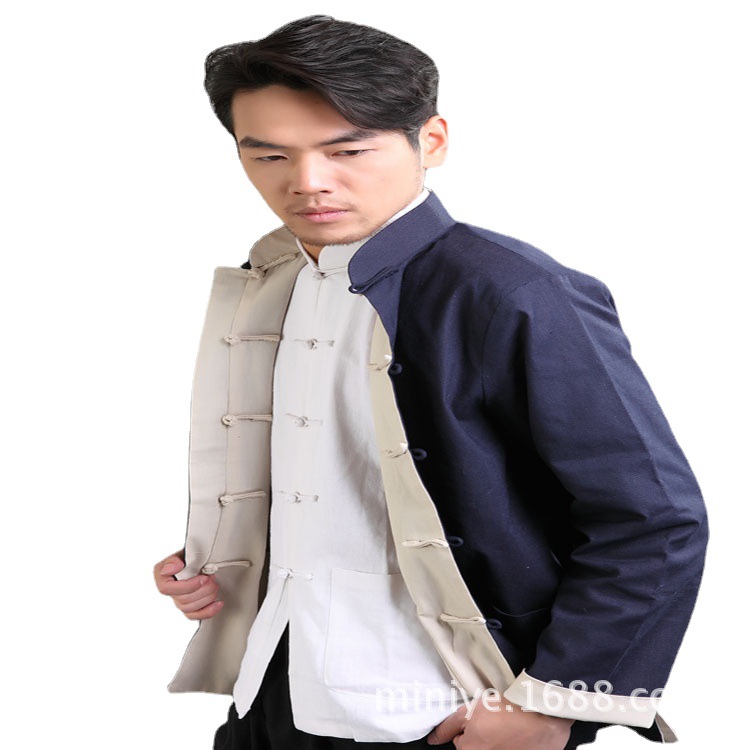 米尼也中国风男士唐装长袖上衣棉麻正反双面穿春秋款外套