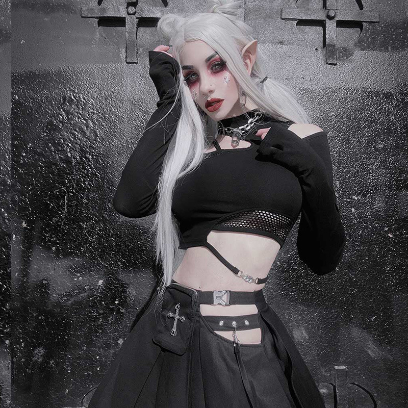Cf23437 Dark Asymmetrical Mesh Patchwork Top 2025 New Gothic Style Sexy Hollow Out Long Sleeve Women's Top