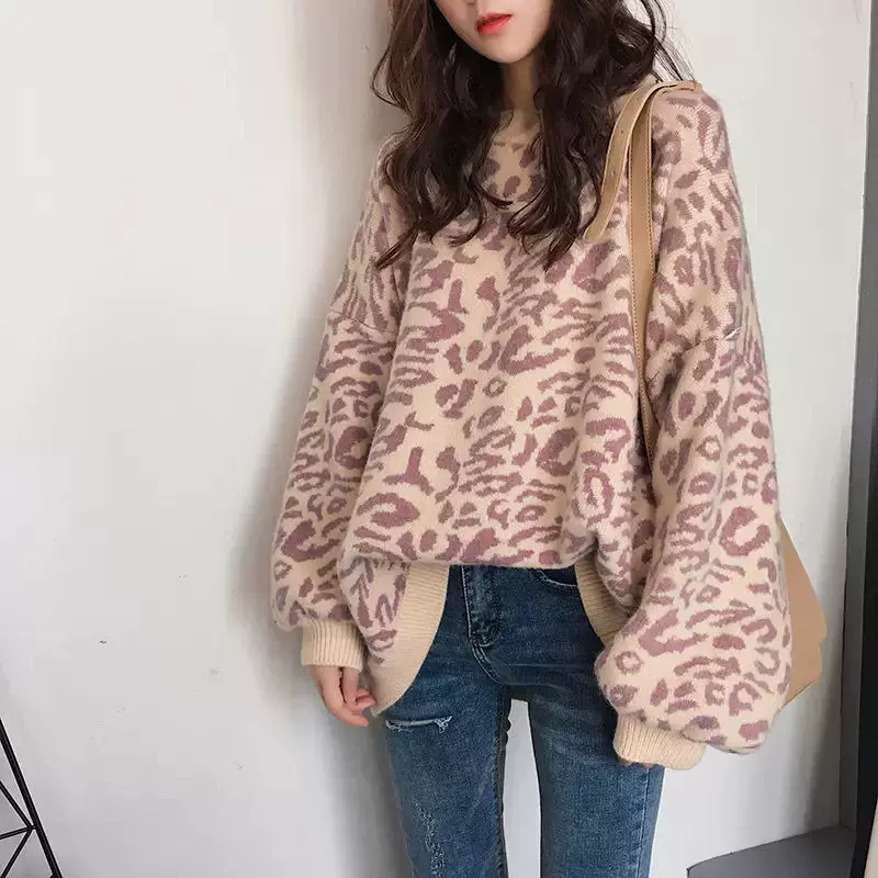 豹纹圆领套头毛衣女2025秋冬季新款复古宽松慵懒风厚针织衫女装