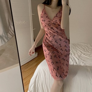 Self-contained Chest Pad V-neck Sexy Sling Nightgown Ice Silk Summer Girl's Pajamas Flower dress Sleeveless Home Clothes