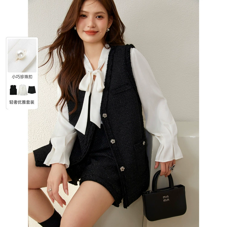 Плоское шоу большой размер женщины нежный ветер рубашка шерстяной жилет шорты легкий экстравагантный набор жирный mm2024 осенний костюм новый