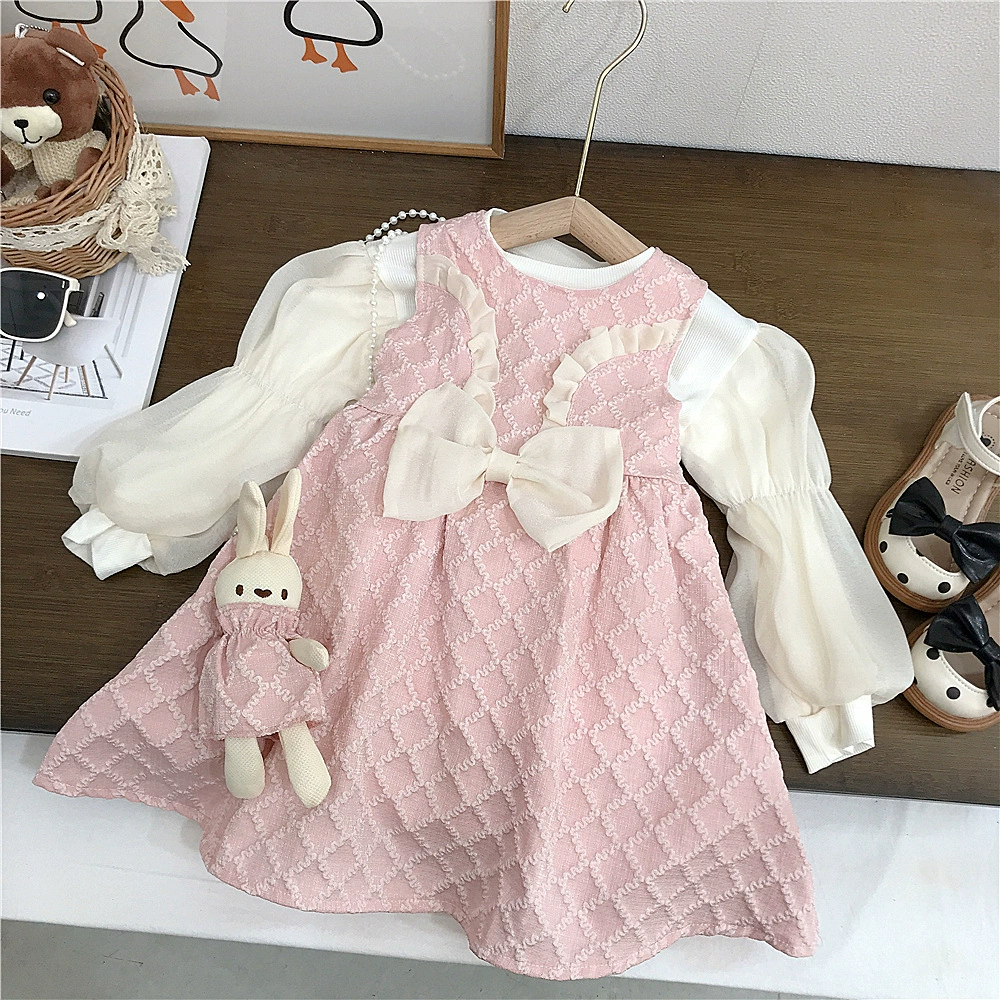Безрукавное платье с бантом, базовая детская осенняя одежда, стиль Chanel, puff рукава