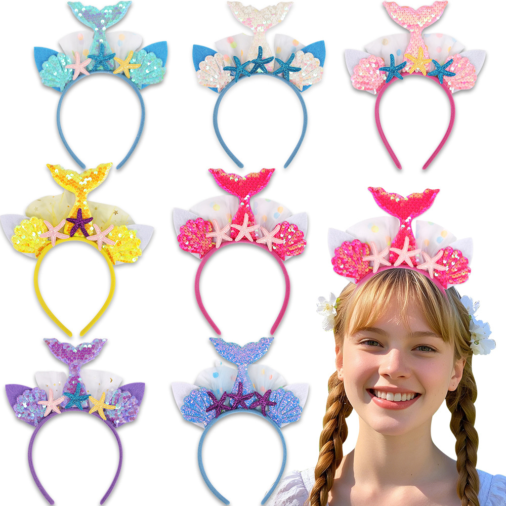 Círculos animados sirena cabello de niños sequilla cola de pez princesa toque de cabeza decoración de fiesta mar estrellas de mar conchas de cabeza de aro
