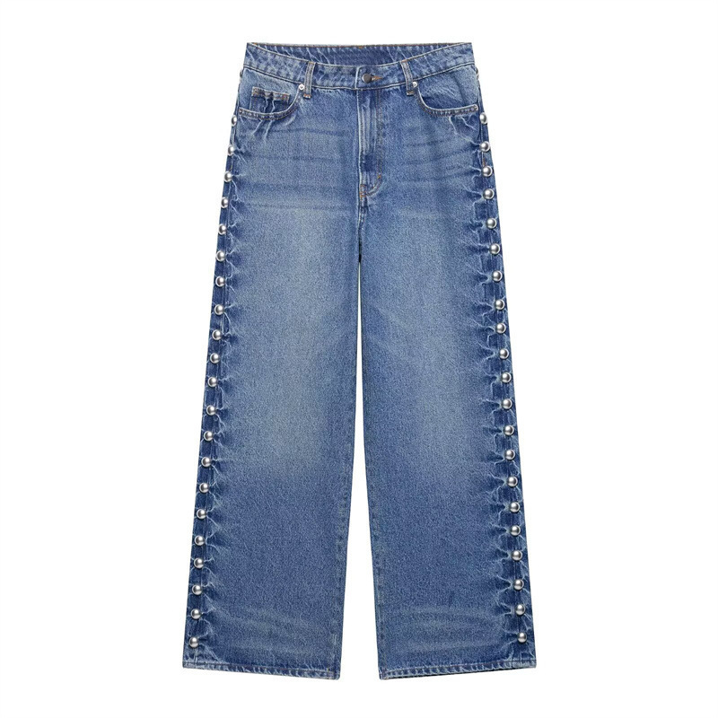 Foreign Trade Order! 2025 New European and American Fashion Versatile High-Waisted Straight Metal Rivet Jeans 1289117