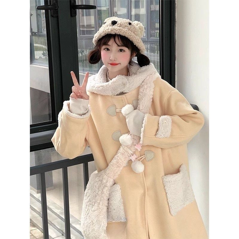 Horn Button Fur Collar Milk Yellow Long Woolen Outwear for Women New Sweet and Cute Niche Cashmere Outwear Winter