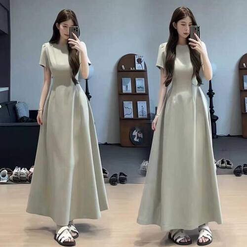 French retro long dress, women's summer new style, waist, slimming, high-end, Hepburn style, black thin suit dress