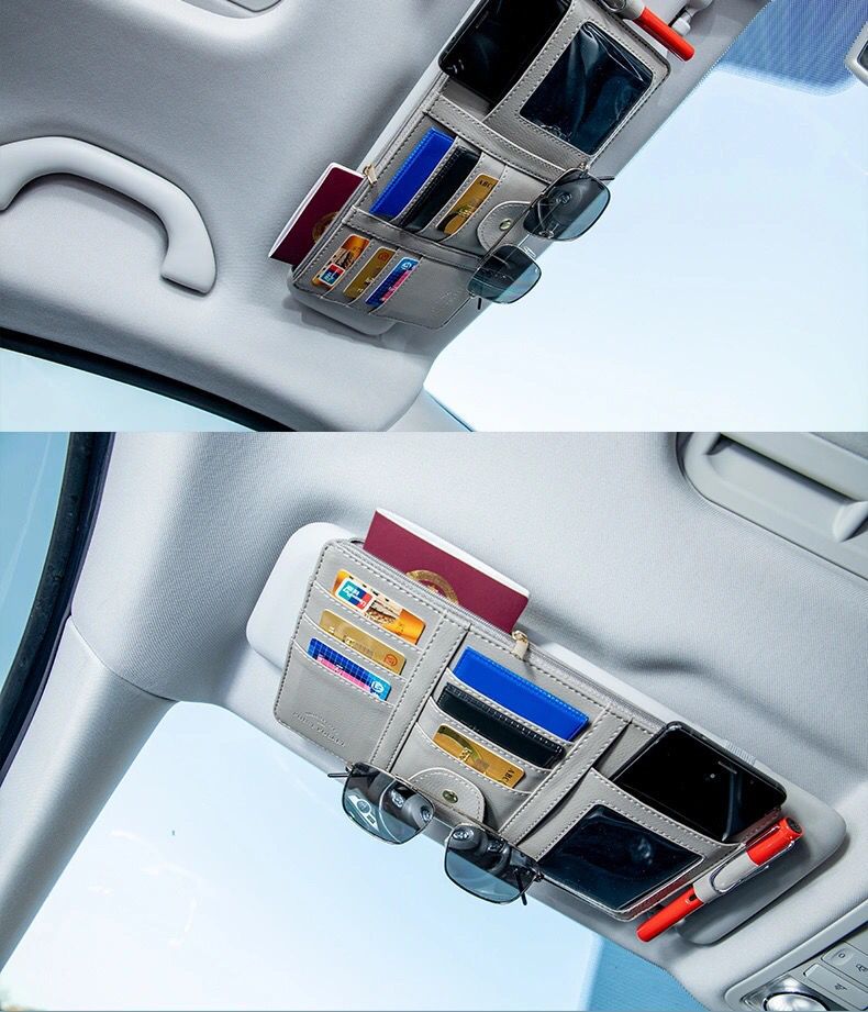 Car-Mounted Storage Double Zipper Bag Sun Visor Cover Multifunctional Driver's License and Ticket Card Holder Storage Set with Eye Clip