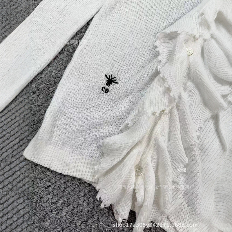 白色v领针织打底衫女内搭春秋季毛衣开衫木耳边小众修身别致上衣|undefined