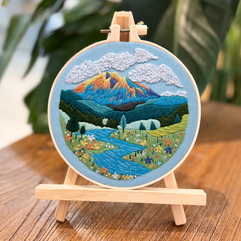 Lu bordado montaña de la luna pintura colgante hecha a mano DIY material bordado paquete de pintura colgante de paisaje forestal conjunto inglés de cuatro piezas